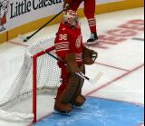 John Gibson of the Detroit Red Wings stands in his crease during pre-game warmups before a game against the Montreal Canadiens.