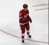 Jacob Bernard-Docker of the Detroit Red Wings skates during a stop in play in a game against the Carolina Hurricanes.