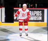 Sheldon Dries of the Grand Rapids Griffins takes a spin on the ice as the second star of a win over the Manitoba Moose.