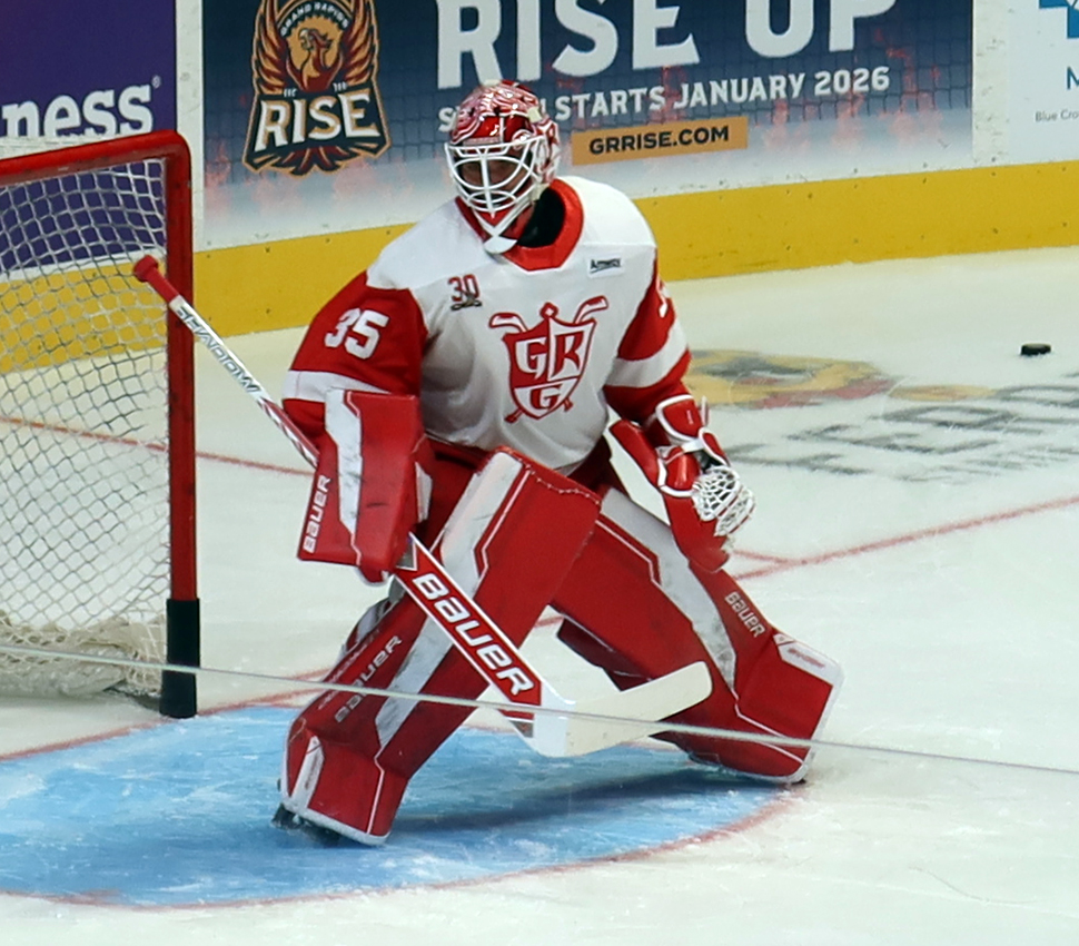 Michal Postava of the Grand Rapids Griffins stands in his crease during pre-game warmups before a game against the Manitoba Moose.