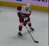 Sebastian Aho of the Carolina Hurricanes skates during pre-game warmups before a game against the Detroit Red Wings.