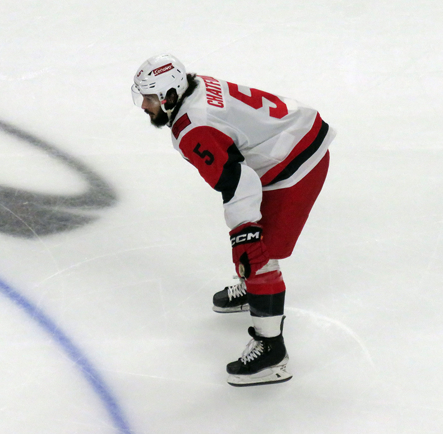Jalen Chatfield of the Carolina Hurricanes gets set for a faceoff during a game against the Detroit Red Wings.