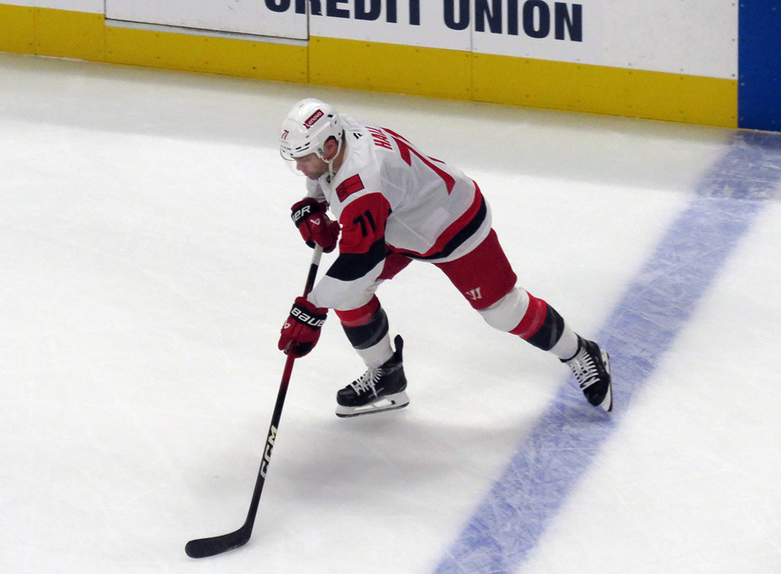Taylor Hall of the Carolina Hurricanes skates at the blue line during pre-game warmups before a game against the Detroit Red Wings.