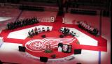 The on-ice stage at Little Caesars Arena set for Sergei Fedorov's jersey retirement ceremony.