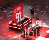 Sergei Fedorov and his family watch as his retired jersey banner is revealed.