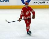 Moritz Seider of the Detroit Red Wings skates during pre-game warmups before a game against the Montreal Canadiens.