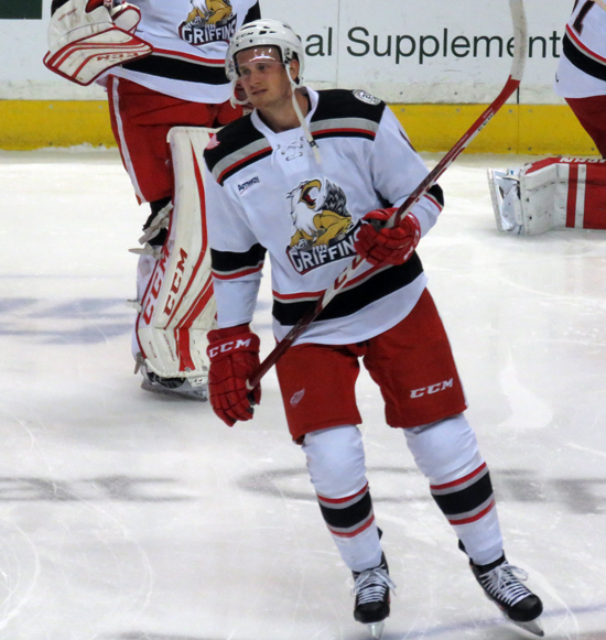 Anthony Mantha skates in the neutral zone during pre-game warmups before a Grand Rapids Griffins game.