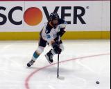 Sarah Fillier of the New York Sirens plays the puck during the PWHL Takeover Tour Detroit game against the Montreal Victoire.