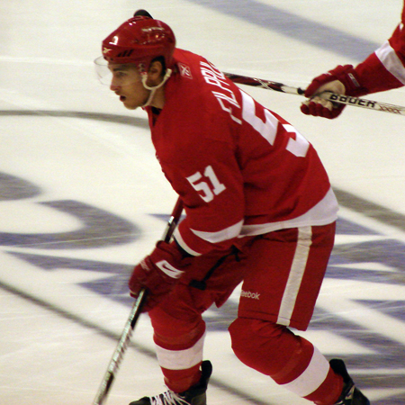 Valtteri Filppula skates with the puck during pre-game warmups.