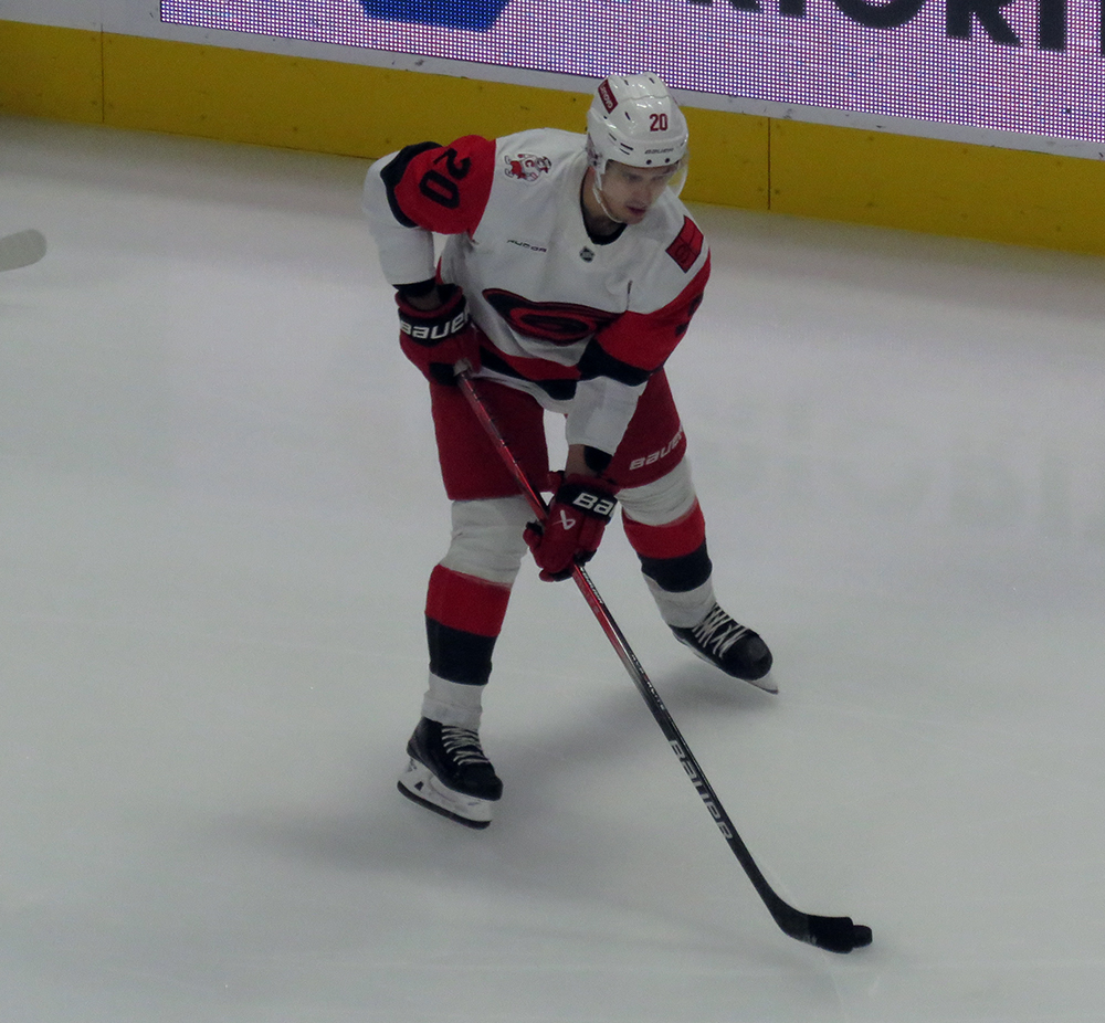 Sebastian Aho of the Carolina Hurricanes skates during pre-game warmups before a game against the Detroit Red Wings.