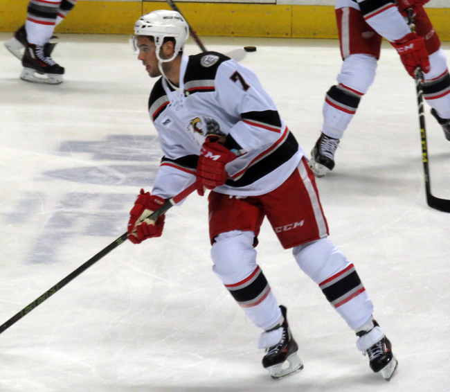 Ryan Sproul skates in the neutral zone during pre-game warmups before a Grand Rapids Griffins game.