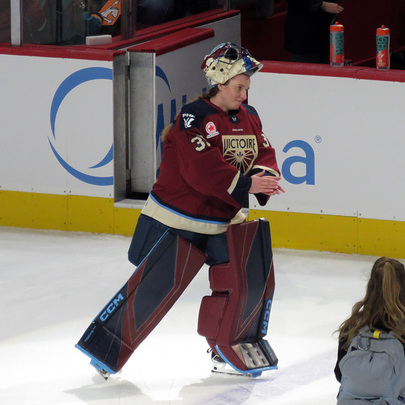 Ann-Renee Desbiens of the Montreal Victoire skates across the ice as the first star of the PWHL Takeover Tour Detroit game against the New York Sirens.