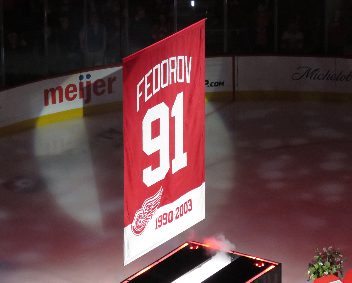 Sergei Fedorov's retired jersey banner begins its ascent to the Little Caesars Arena rafters.
