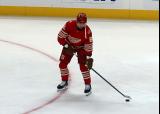 Patrick Kane of the Detroit Red Wings carries a puck during pre-game warmups before a game against the Montreal Canadiens.