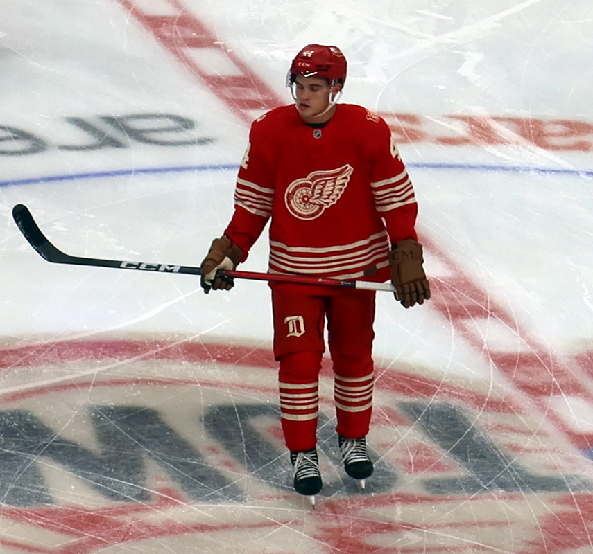 Axel Sandin-Pellikka of the Detroit Red Wings stands at center ice during pre-game warmups before a game against the Montreal Canadiens.