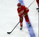 Lucas Raymond of the Detroit Red Wings skates at the blue line during pre-game warmups before a game against the Montreal Canadiens.