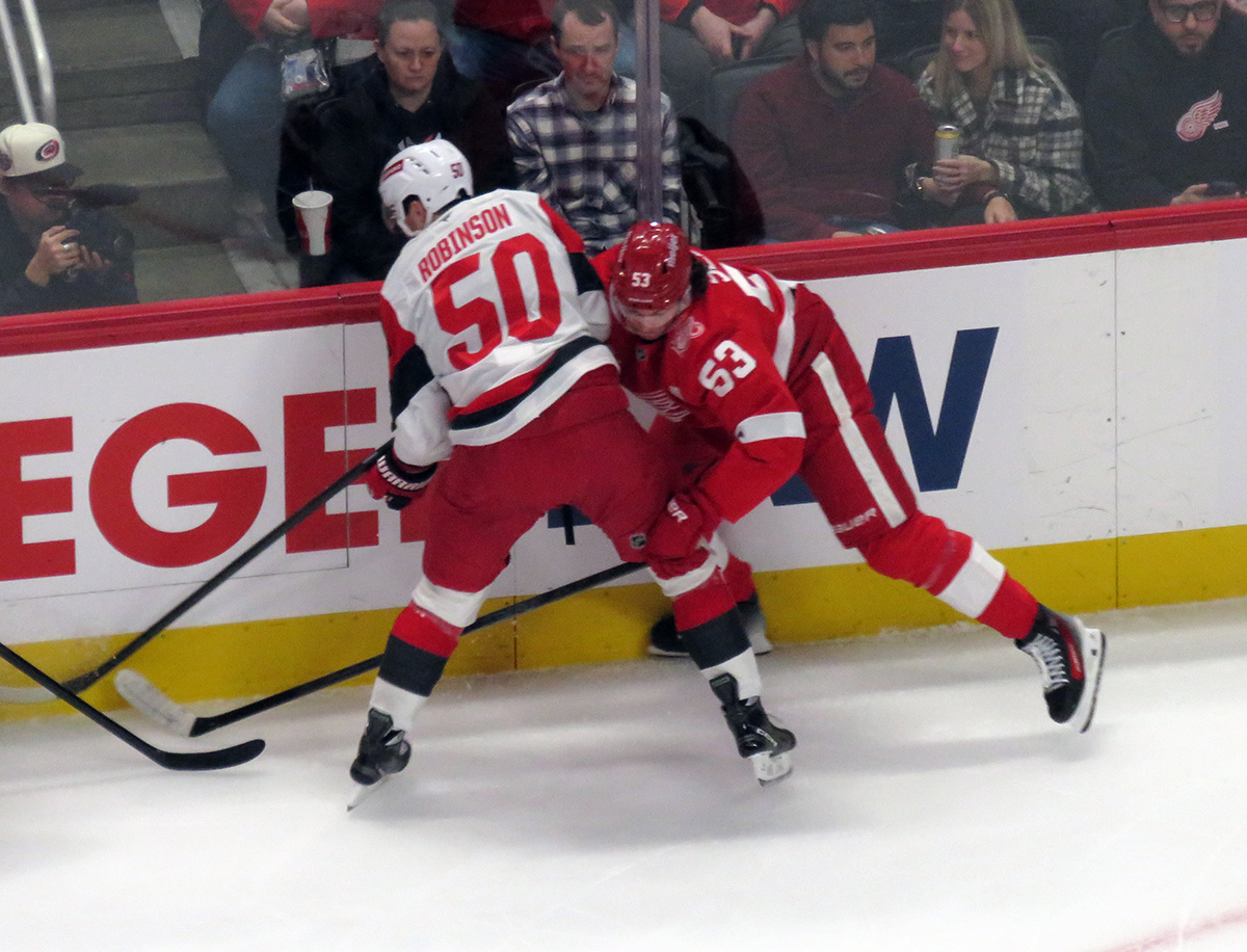 Eric Robinson of the Carolina Hurricanes and Moritz Seider of the Detroit Red Wings battle along the boards.