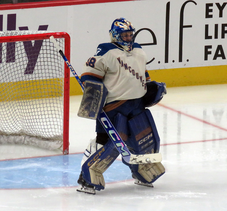 Emerance Maschmeyer of the Vancouver Goldeneyes gets set at the top of her crease during the PWHL Takeover Tour Detroit game against the Boston Fleet.