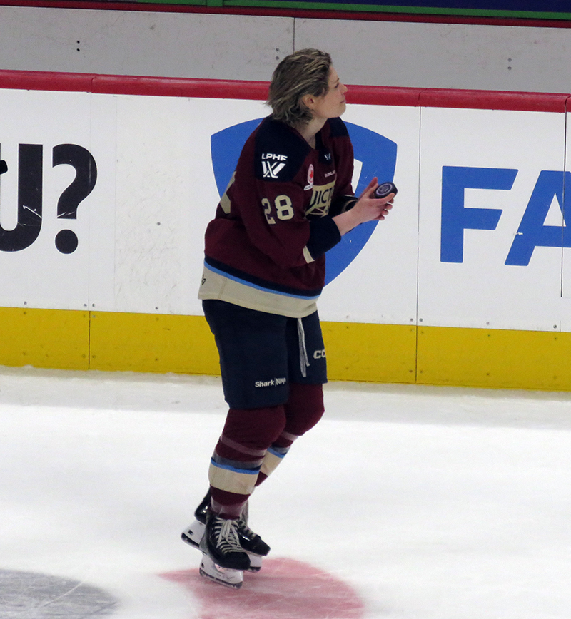 Catherine Dubois of the Montreal Victoire skates across the ice as the first star of the PWHL Takeover Tour Detroit game against the New York Sirens.