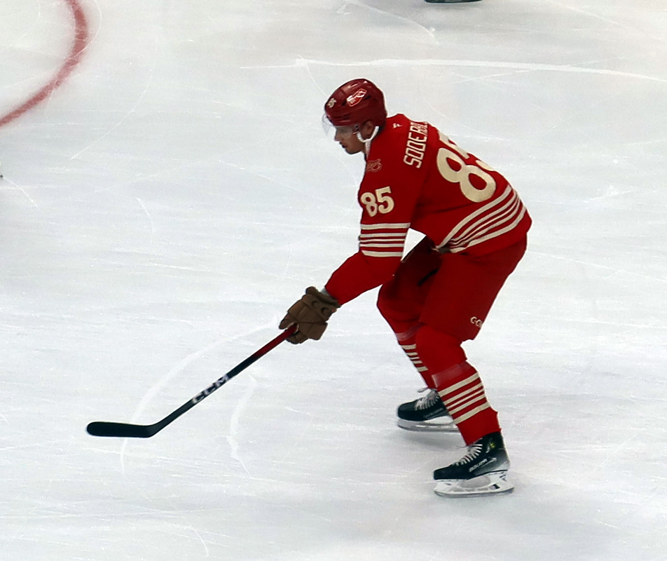 Elmer Soderblom of the Detroit Red Wings skates during pre-game warmups before a game against the Montreal Canadiens.