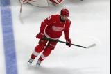 James van Riemsdyk of the Detroit Red Wings skates at the blue line during pre-game warmups before a game against the Carolina Hurricanes, wearing a customized Sergei Fedorov jersey and white skates in honor of Fedorov's jersey retirement.