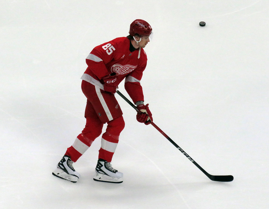 Elmer Soderblom of the Detroit Red Wings skates during pre-game warmups before a game against the Carolina Hurricanes, wearing a customized Sergei Fedorov jersey and white skates in honor of Fedorov's jersey retirement.