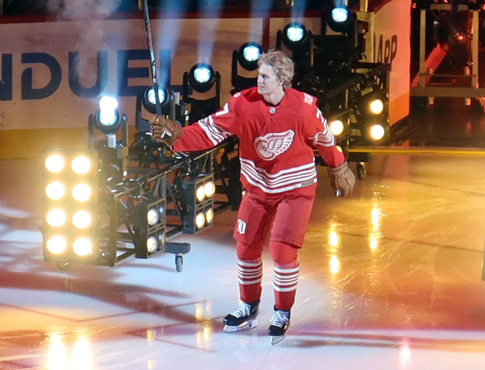 Simon Edvinsson of the Detroit Red Wings skates out during player introductions before the team's home opener.