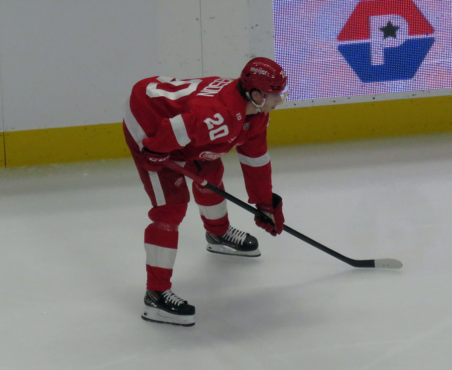 Albert Johansson of the Detroit Red Wings gets set for a faceoff during a game against the Carolina Hurricanes.