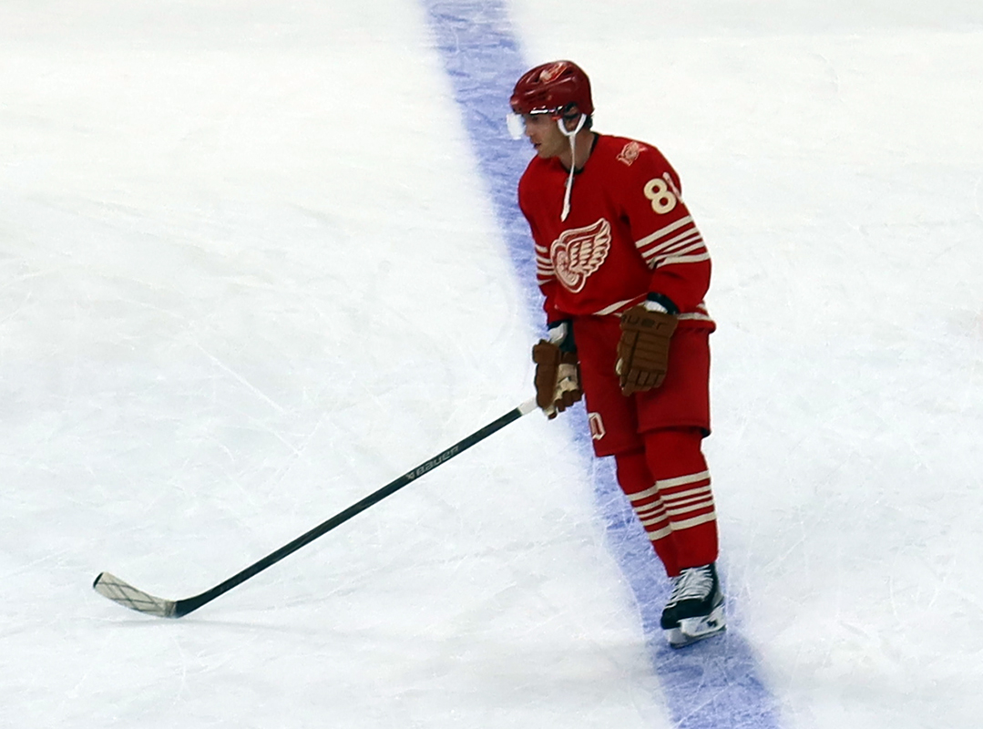 Patrick Kane of the Detroit Red Wings skates at the blue line during pre-game warmups before a game against the Montreal Canadiens.