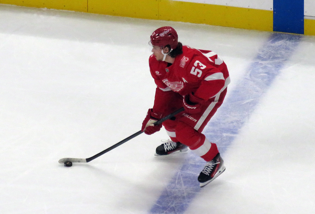 Moritz Seider of the Detroit Red Wings skates at the blue line during a game against the Carolina Hurricanes.