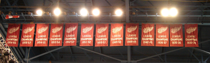 The banners for Detroit's regular season championships from 1934 to 1965.