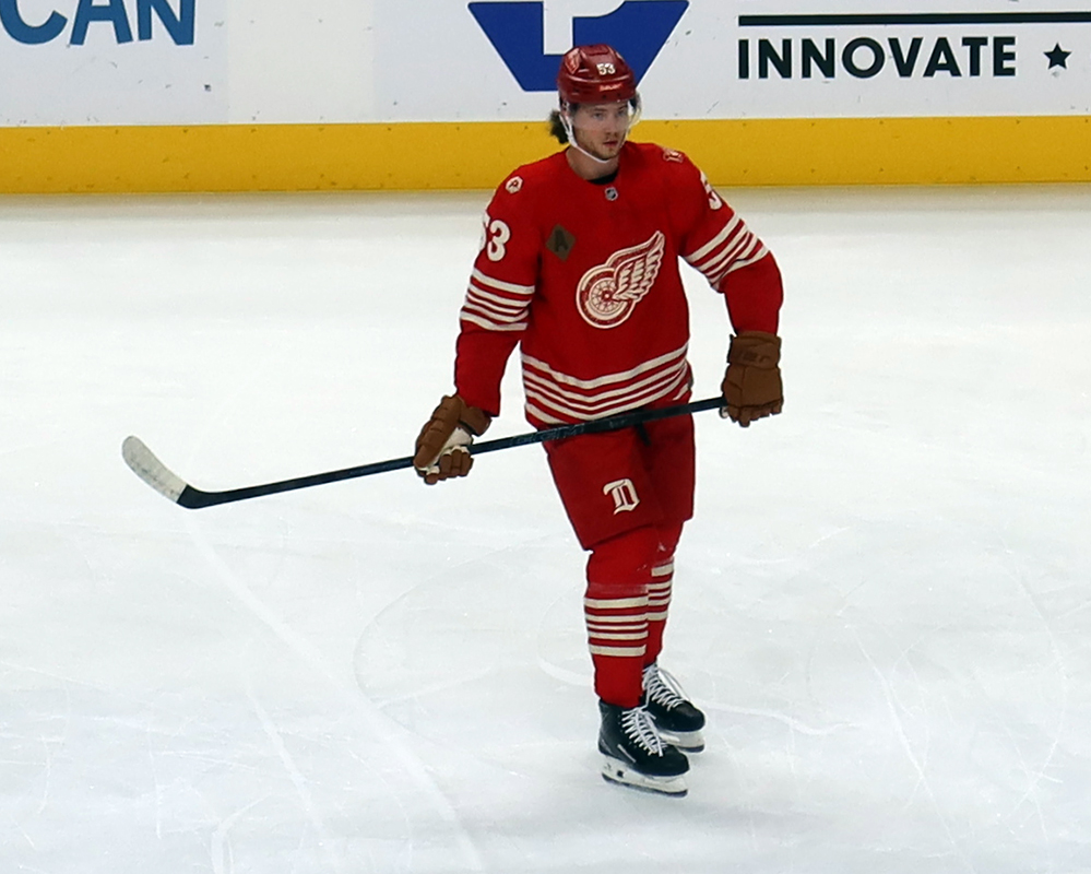 Moritz Seider of the Detroit Red Wings skates during pre-game warmups before a game against the Montreal Canadiens.