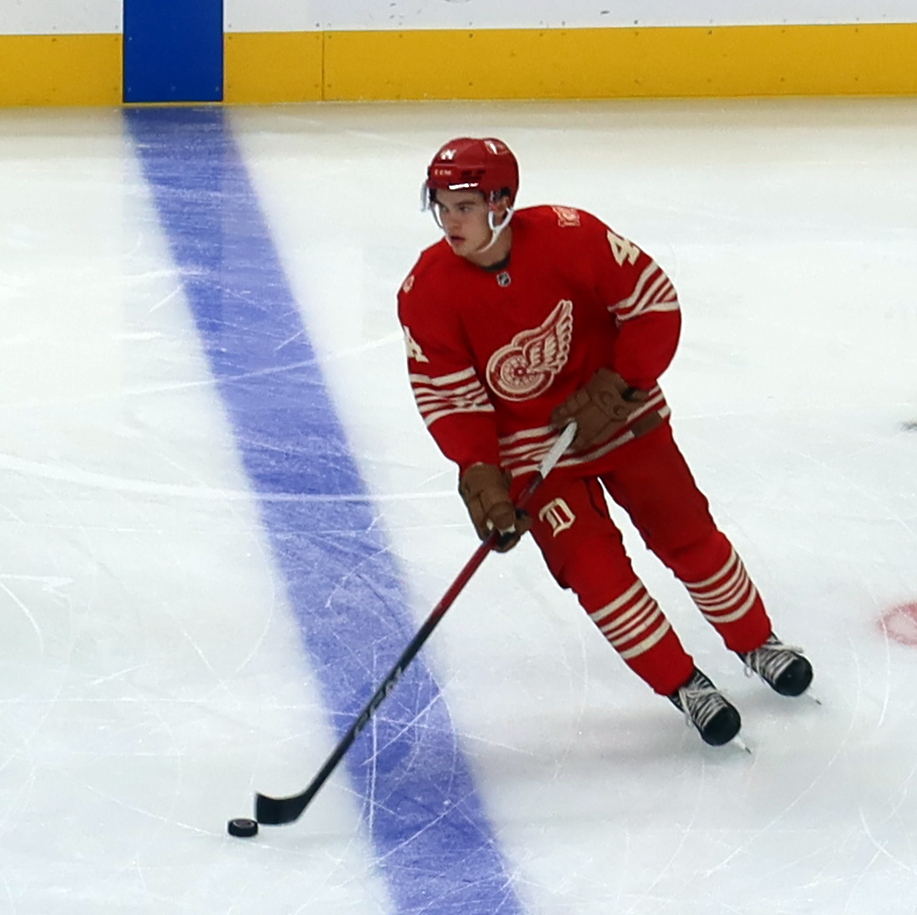 Axel Sandin-Pellikka of the Detroit Red Wings skates at the blue line during pre-game warmups before a game against the Montreal Canadiens.