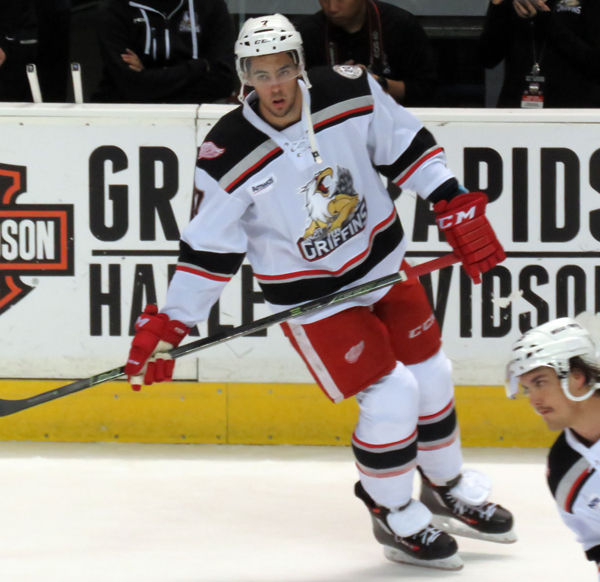 Ryan Sproul skates near the bench during pre-game warmups before a Grand Rapids Griffins game.