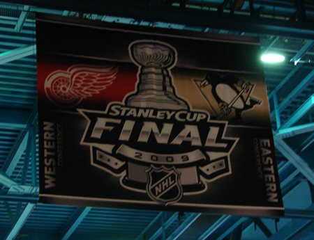 A banner commemorating the 2009 Stanley Cup Final hanging in the Joe Louis Arena rafters.