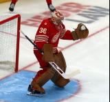 John Gibson of the Detroit Red Wings comes out to the top of his crease during pre-game warmups before a game against the Montreal Canadiens.