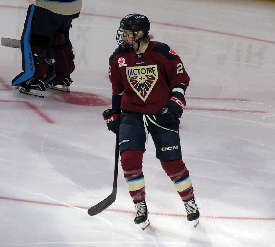 Catherine Dubois of the Montreal Victoire celebrates a goal during the PWHL Takeover Tour Detroit game against the New York Sirens.