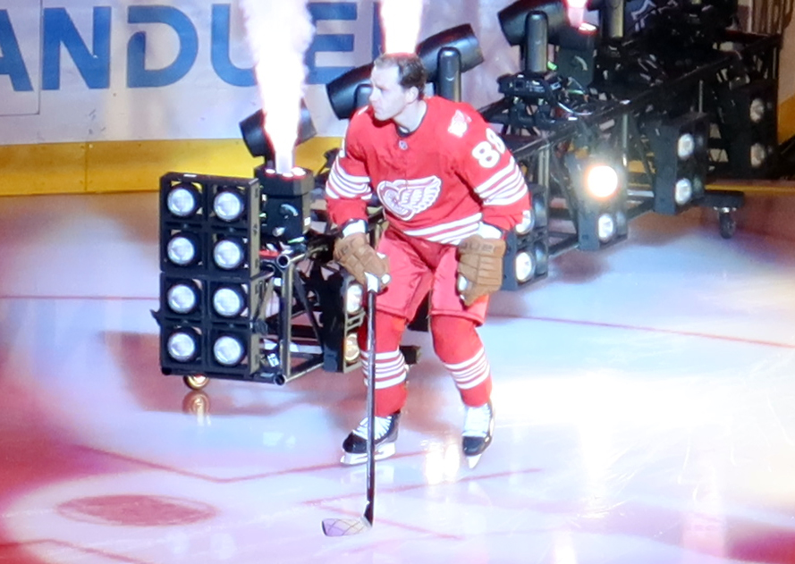Patrick Kane of the Detroit Red Wings skates out during player introductions before the team's home opener.