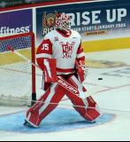 Michal Postava of the Grand Rapids Griffins stands at the top of his crease during pre-game warmups before a game against the Manitoba Moose.