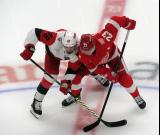 Jordan Martinook of the Carolina Hurricanes and Lucas Raymond of the Detroit Red Wings line up at wing for a faceoff.
