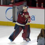 Ann-Renee Desbiens of the Montreal Victoire skates across the ice as the first star of the PWHL Takeover Tour Detroit game against the New York Sirens.