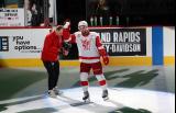 Carter Mazur of the Grand Rapids Griffins salutes the crowd as the third star of a win over the Manitoba Moose.