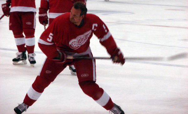 Nicklas Lidstrom winds up for a shot during pregame warmups.