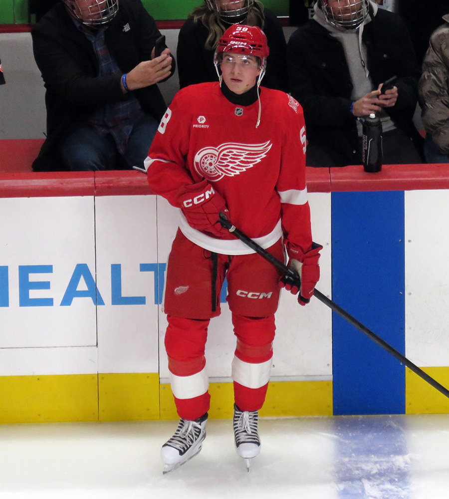 Emmitt Finnie of the Detroit Red Wings stands at the bench during pre-game warmups before a game against the Carolina Hurricanes, wearing a customized Sergei Fedorov jersey and white skates in honor of Fedorov's jersey retirement.