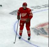 Marco Kasper of the Detroit Red Wings skates near center ice during pre-game warmups before a game against the Montreal Canadiens.