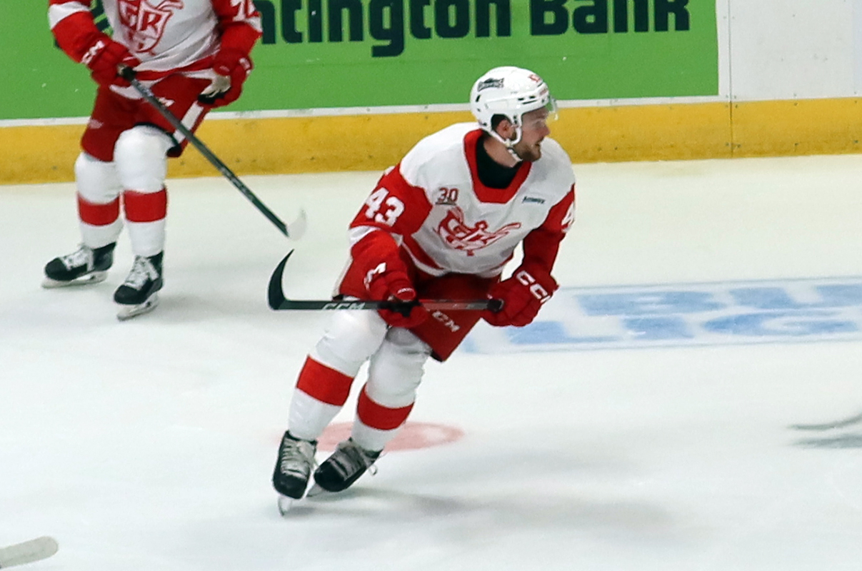 Carter Mazur of the Grand Rapids Griffins skates during a game against the Manitoba Moose.