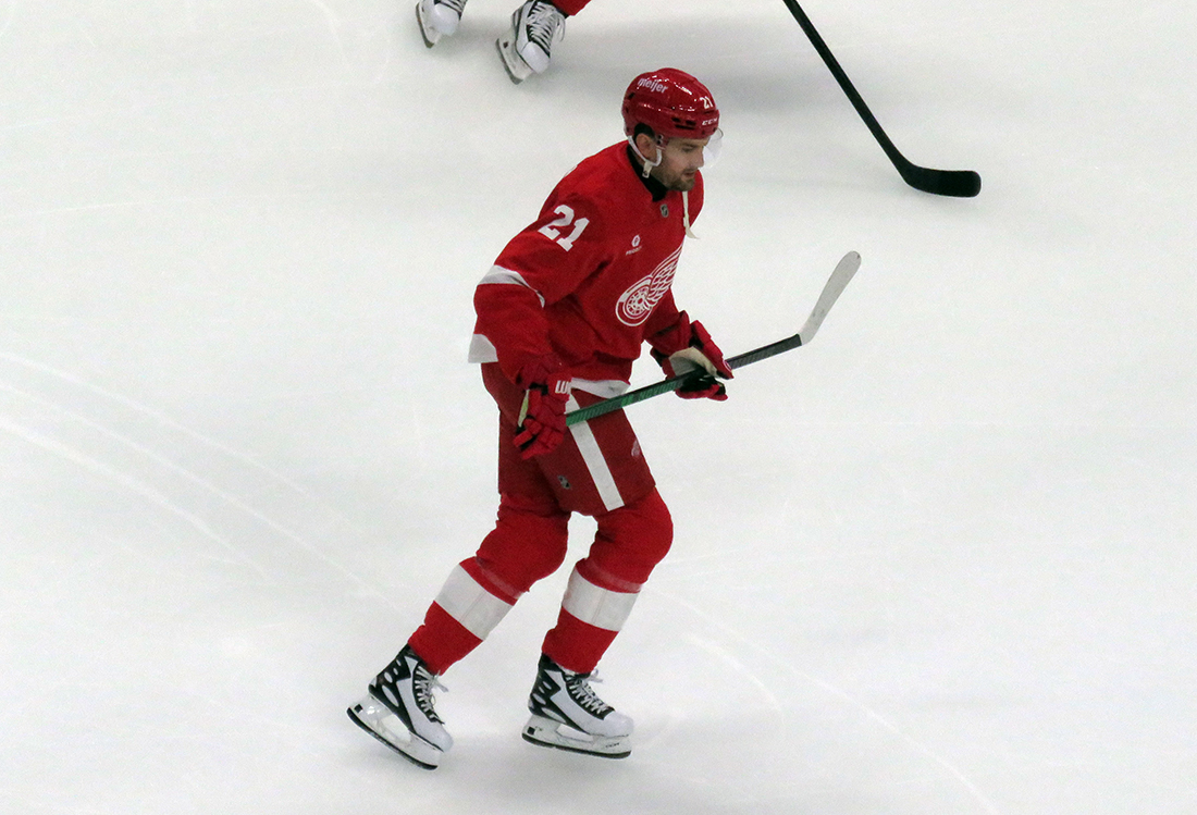 James van Riemsdyk of the Detroit Red Wings skates during pre-game warmups before a game against the Carolina Hurricanes, wearing a customized Sergei Fedorov jersey and white skates in honor of Fedorov's jersey retirement.