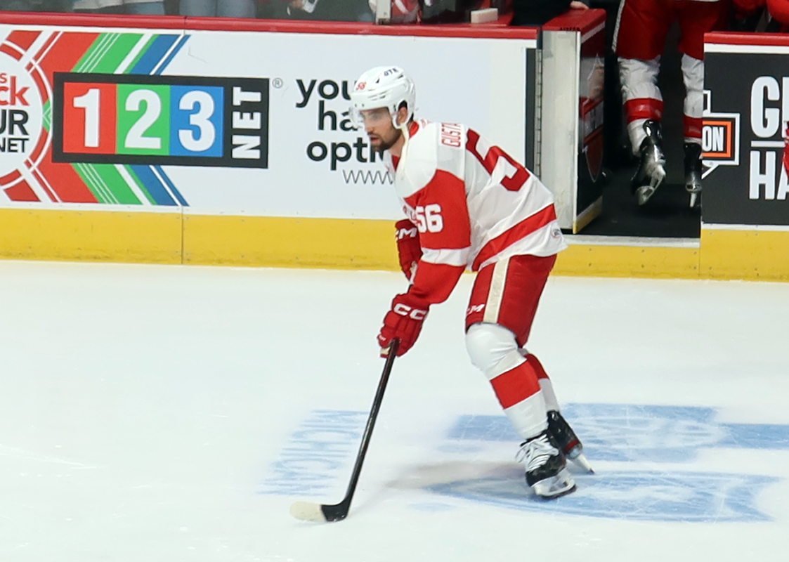 Erik Gustafsson of the Grand Rapids Griffins skates during pre-game warmups before a game against the Manitoba Moose.