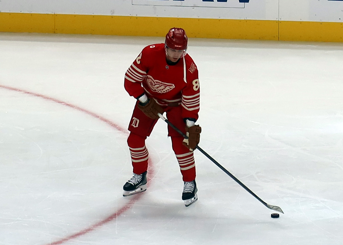 Patrick Kane of the Detroit Red Wings carries a puck during pre-game warmups before a game against the Montreal Canadiens.