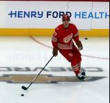Simon Edvinsson of the Detroit Red Wings skates in the neutral zone during pre-game warmups before a game against the Montreal Canadiens.
